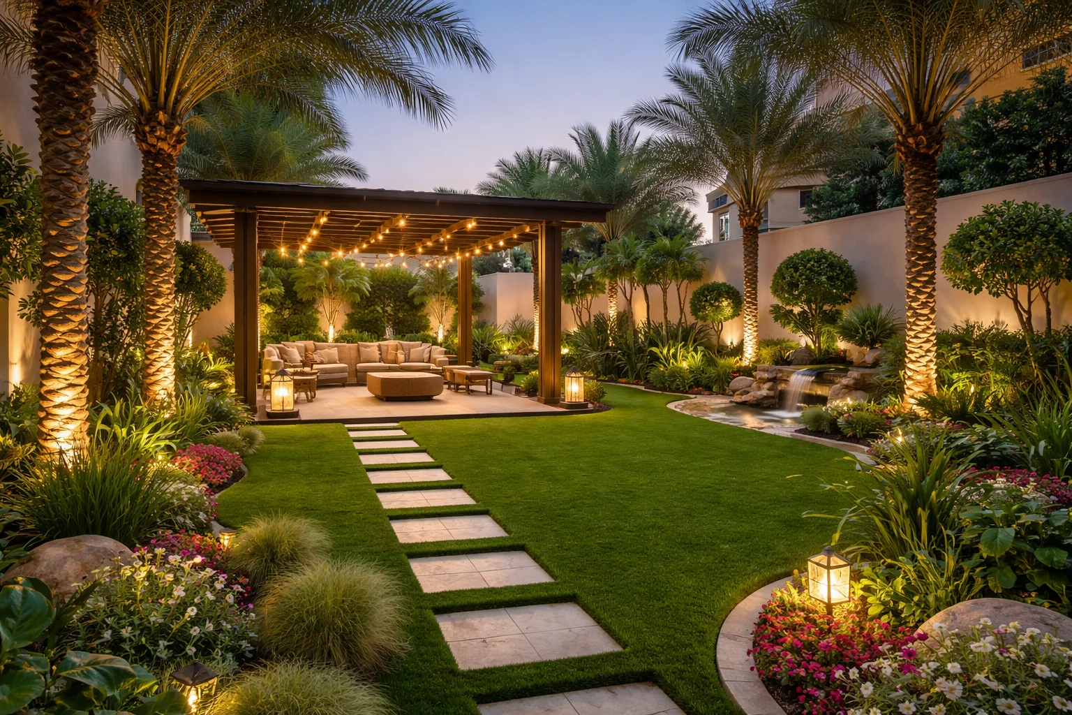 مشروع حديقة منفّذ بالكامل تصميم عشب أشجار إضاءة جلسات