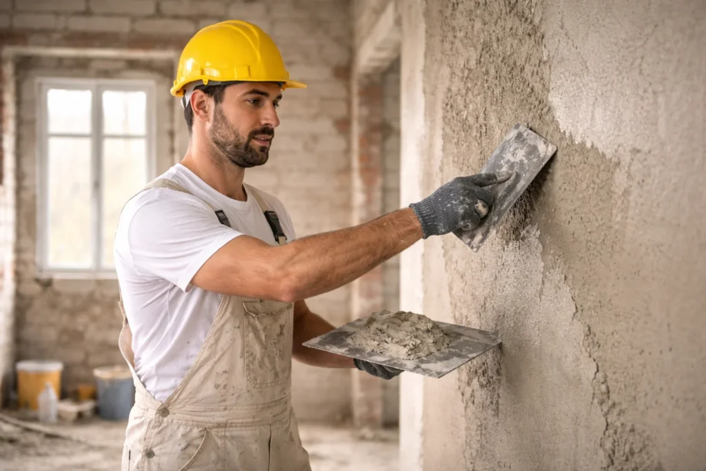 عامل لياسة محترف يقوم بأعمال المليس داخل مبنى قيد الترميم باستخدام أدوات متخصصة لتنعيم الجدران وتحقيق تشطيب داخلي عالي الجودة.
