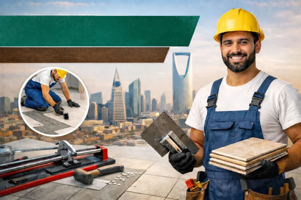 معلم بلاط بالرياض محترف يرتدي خوذة صفراء وملابس عمل، يحمل أدوات تركيب البلاط وقطع سيراميك، مع خلفية لأبراج مدينة الرياض ومشهد يوضح عملية تركيب البلاط بشكل عملي.