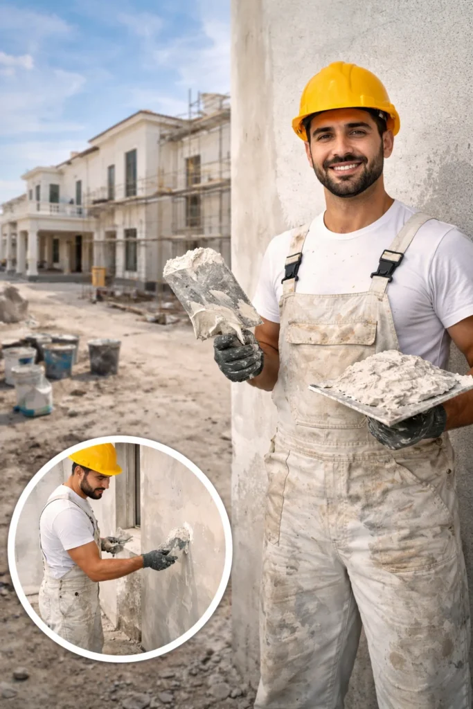 معلم لياسة محترف في الرياض ينفذ أعمال مليس وتشطيب جدران فيلا بدقة عالية باستخدام أدوات متخصصة لضمان أفضل جودة في التشطيب.