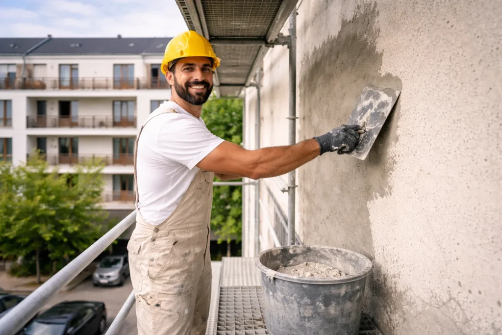 معلم مليس بالرياض يعمل على تشطيب واجهة عمارة باستخدام اللياسة بطريقة احترافية مع استخدام أدوات حديثة لضمان جودة عالية في التشطيب الخارجي.