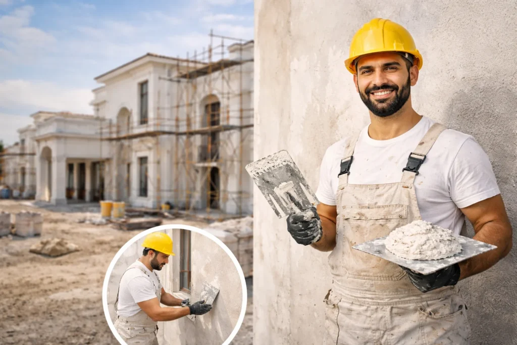 صورة معلم مليس في الرياض يقوم بأعمال اللياسة والتشطيب على جدار فيلا قيد الإنشاء باستخدام أدوات احترافية وبجودة عالية.