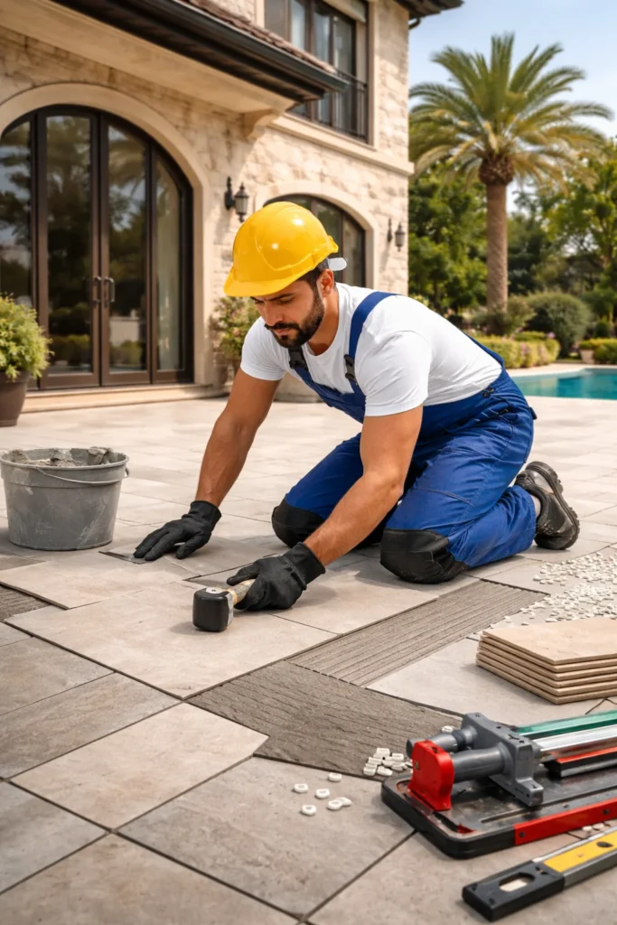 معلم بلاط محترف يقوم بتركيب بلاط فيلا بدقة عالية باستخدام أدوات متخصصة، مع تشطيب أرضيات خارجية فاخرة تناسب الفلل والمنازل الحديثة.