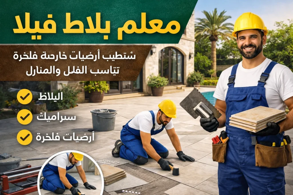 معلم بلاط يعمل على تركيب بلاط فيلا فاخرة، حيث يرتدي زي العمل وخوذة أمان ويستخدم أدوات متخصصة بدقة عالية. تتضمن الصورة لقطات متعددة لعملية التركيب مع خلفية فيلا حديثة ومسبح وحديقة، بالإضافة إلى نصوص بارزة مثل "معلم بلاط فيلا" وعبارات تسويقية عن خدمات البلاط والسيراميك والأرضيات الفاخرة، مما يجعلها مناسبة للإعلانات وخدمات المقاولات والتشطيب.