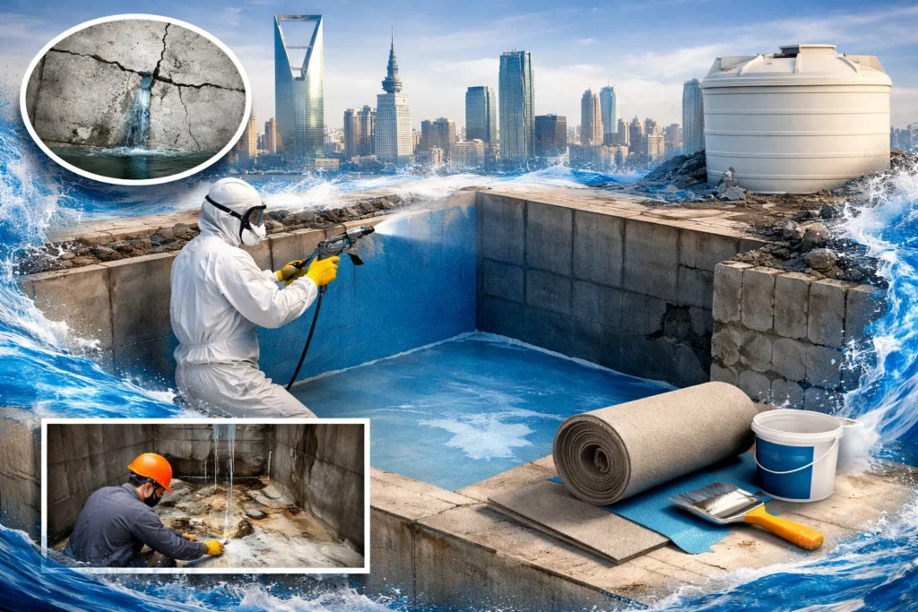 عزل خزانات أرضية بالرياض بمواد مائية احترافية مع تطبيق طبقات حماية داخل خزان خرساني لمنع التسرب والحفاظ على نظافة المياه