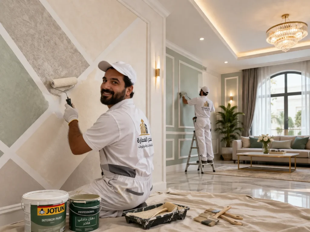 معلم دهانات بالرياض يقوم بتشطيب منزل باستخدام دهانات داخلية احترافية بجودة واحتراف