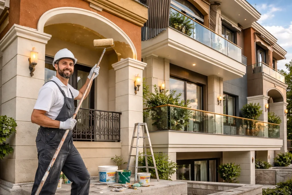 معلم دهانات يقوم بتشطيب واجهة عمارة بألوان احترافية مقاومة للعوامل الجوية في الرياض