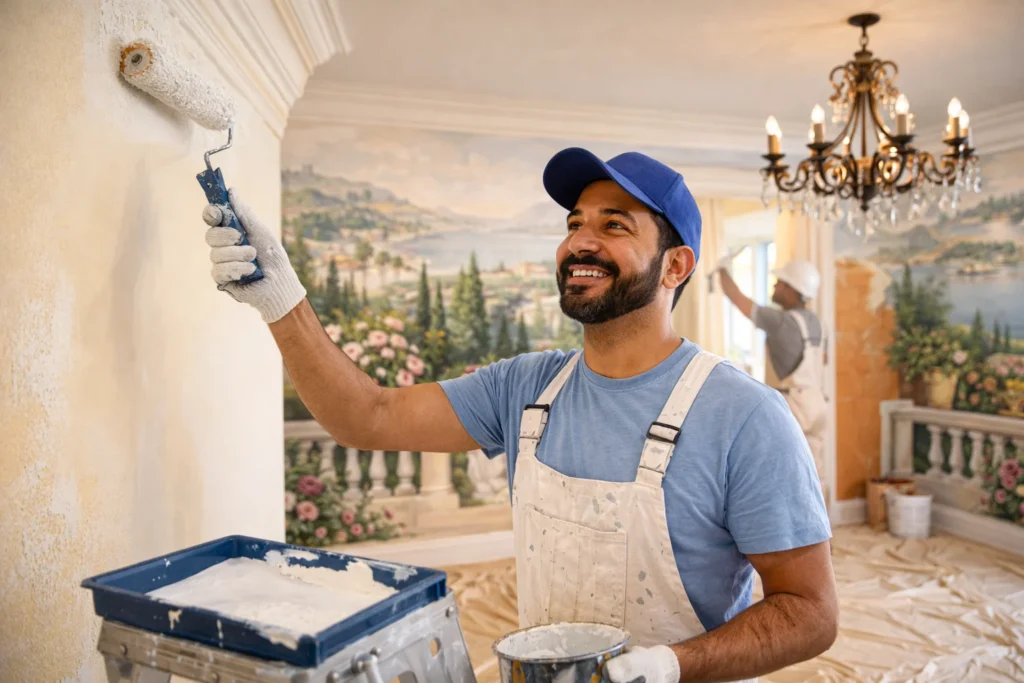 معلم دهانات يقوم بطلاء جدران فيلا من الداخل مع تصميمات ديكورية ورسومات حديثة